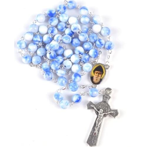 St Charbel Center Saint Benedict Crucifix Blue Round Acrylic Beads Rosaries For Women