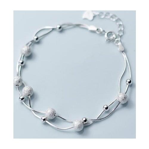 100% Real. 925 Sterling Silver Fine Jewelry two-rows Brushed Lucky Round Beads &Polished Small round beads chain Bracelet LS764