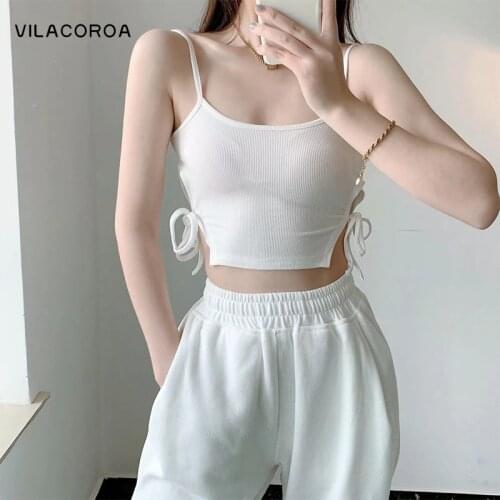 Basic Sling Camisoles Women Clothing Hollow Lace Up Knitted Cropped Tops Base Solid Color Camis Female Summer White Tank Top