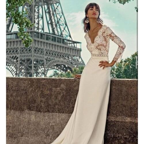 Bohemian Wedding Dress 2020 Long Sleeve Floor Length Boho V-Neck Simple Beach Lace And Soft Chiffon robe de mariage Bridal Gowns