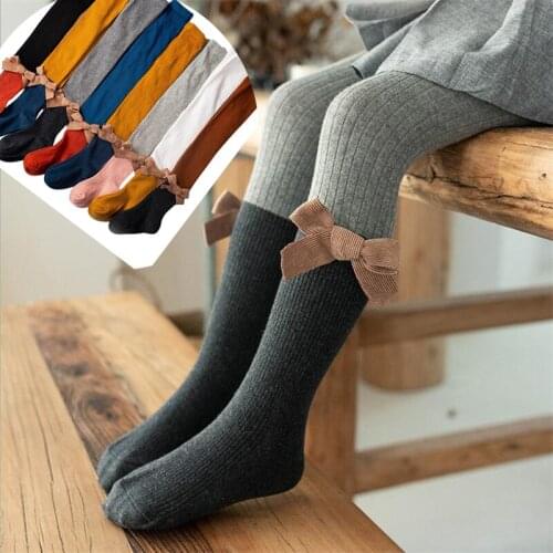 Big Girls Pantyhose Spring Fall Handmade Bowknot Side Design Kids Tights for Girls Stocking Clothes Ribbed Children Leggings 1-8