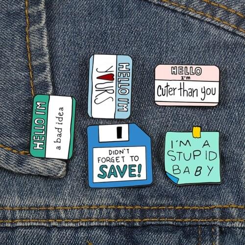 Funny Sticky Notes Brooch Cute Letters Memo Message Enamel Pins HELLO I'AM Collection Cartoon Lapel Pin Badge Jewelry Child Gift
