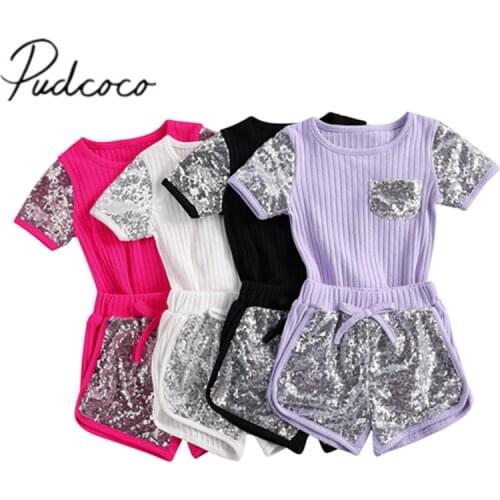 Children 2Pcs Set Baby Girls Ribbed Patchwork Toddler Sequins Thick Pit Strip Short Sleeve Crew Neck Shirt Shorts Suit for Kids