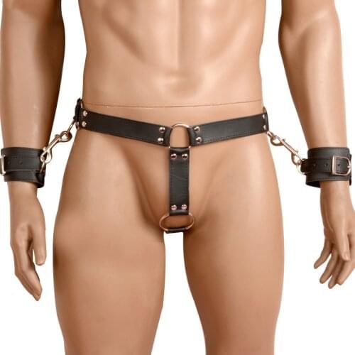 Exotic Costumes Mens Chastity Pants Hot Sexy Erotic Lingerie Male Hollow Out Leather Faux Underwear Wrist Cuffs