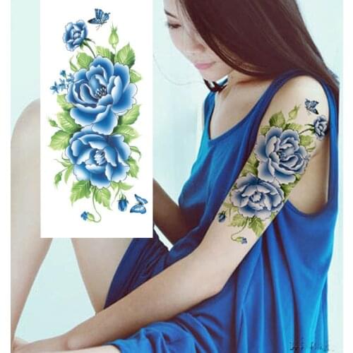 1 piece flash henna tattoo fake temporary tattoos stickers sexy blue rose flowers arm shoulder tattoo waterproof women on body