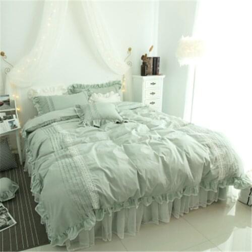 Luxury bedding set queen king size Green ruffle lace duvet cover bed skirt pillowcase princess bedspread Bedlinen Egypt Cotton