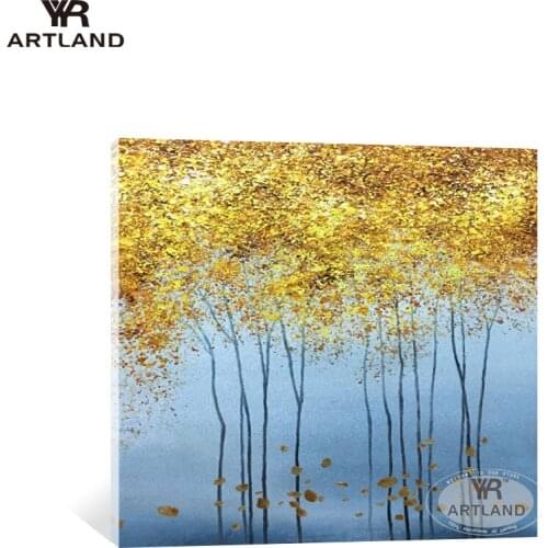 Beautiful wall decoration gold trees blue back Handmade canvas oil painting wall art picture for living room bedroom no framed