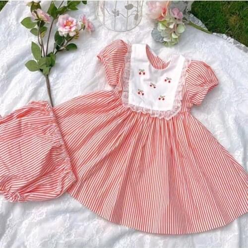 Baby girl summer vintage Spanish cherry embroidered puff sleeve dress kids striped princess dress