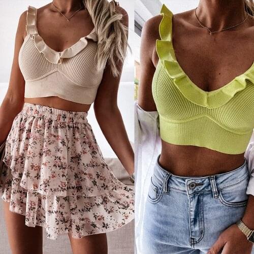 Female Rib Knit Tank Tops Sexy Sleeveless V Neck Solid Color Slim Stretch Ruffle Trim Cropped Vest for Summer Base Clothes