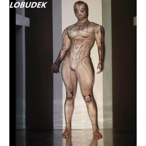 Muscle men Nude Printed Stretch Skinny Jumpsuit Nightclub Bar DJ Pole Dance Leotard Stage Wear Acrobatic Performance Costume