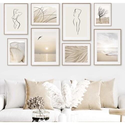 Sea Beach Lake Wall Art Canvas Tree Beige Waves Paintings Girl Line Posters And Prints Nordic Wall Pictures Living Room Decor