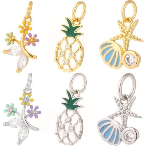 Charm Charms for Jewelry Making Supplies Gold Flower Fruit Diy Earring Necklace Metal Copper Mosaic CZ Zircon Accessories