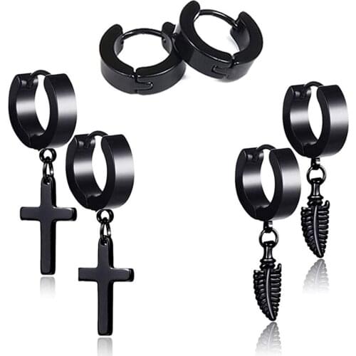 3 Pairs Hoop Earrings Stainless Steel Punk Hip Hop Pierced Stud Earrings for Men Women Black Silver Gold