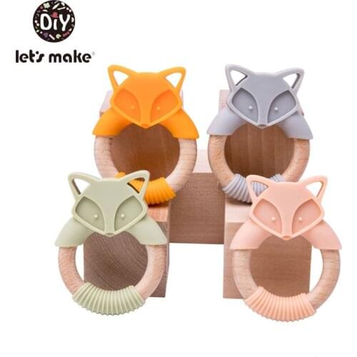 Lets Make Silicone Teethers Cartoon Beech Wood Fox Teething Wooden Ring DIY Baby Rattles Tiny Rod Christmas Gift Baby Teethers