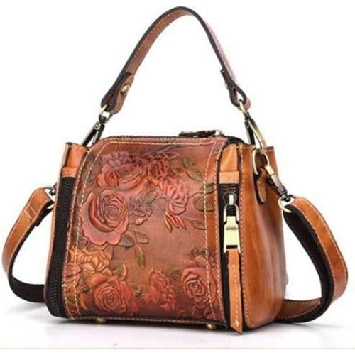 Trend Women Genuine Leather Tote Bag Crossbody Messenger Shoulder Bags Famous Brand Handmade Embossed Floral Pack