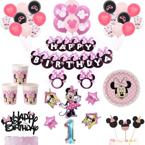 Disney Minnie Mouse Cake decoration Baby Bath Birthday Party Disposable Tableware Girl Ballon Party Decoration Supplies Set