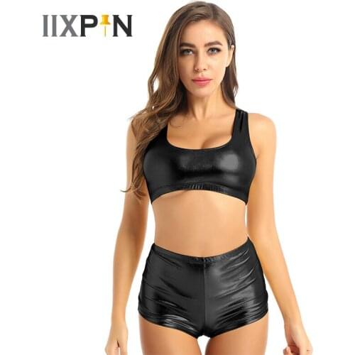 Womens Shiny Metallic Dance wear Fitness Sports Gym Outfit U Neck Sleeveless Racer Back Vest Crop Top with Hot Pants Shorts