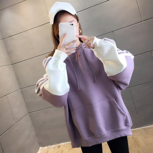 Female Korean Loose Purple Sweatshirts Autumn Women Pullover Sweatshirt Fashion Patchwork Long Sleeve Plus Velvet White Hoodies