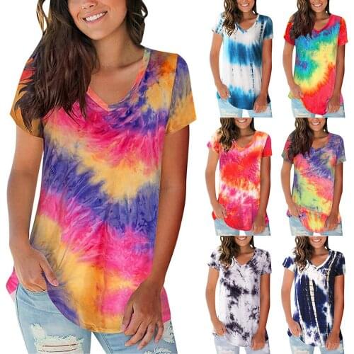Summer Women Fashion Tie-dye Print Short Sleeve V-neck T-shirt Top Casual Loose Pullover Ladies Elegant T-shirt Tee Female