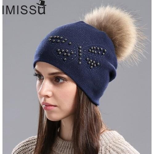 IMISSU Womens Winter Beanies Hats Knitted Wool Thick Warm Female Winter Fur Hat Casual Cap with Real Raccoon Fox Fur Pom Pom