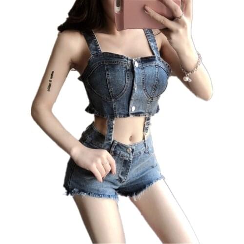 Women Summer Sexy Single Breasted Strap Vest Tops+Low Waist Denim 2PCS Sets Crop Tank Top Short Jeans Suit Sets