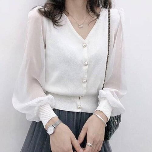 Ladies Sweater V-Neck Women Cardigan with Buttons Solid Autumn Spring Womans Knit Cardigan Transparent Lantern Sleeve