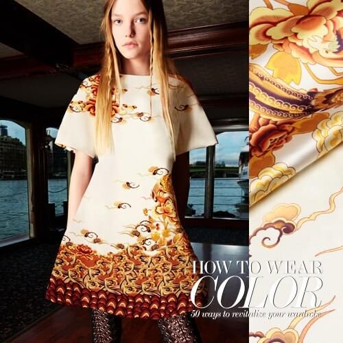 118*110cm 19mm 93% silk & 7% spandex golden flower print beige silk satin fabric for dress shirt clothes
