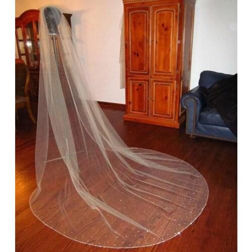 2019 3M One Layer Bridal Cathedral Length Crystals Wedding Veils Beaded Edge White Ivory Custom Made Free Comb Veil