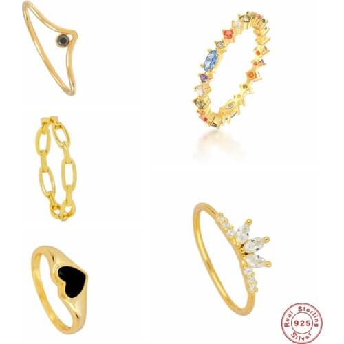 GS 925 Sterling Silver Gold Colorful Cubic Zirconia Jeweled Rings For Women Chain Heart Crown Shape Ring Rock Punk Jewelry