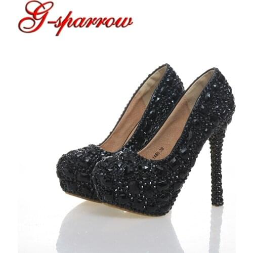 Black Rhinestone Crystal Bridal Shoes Women Evening Party Dress Shoes Wedding Pumps Platform Rhinestone Bling Dress Prom Shoes