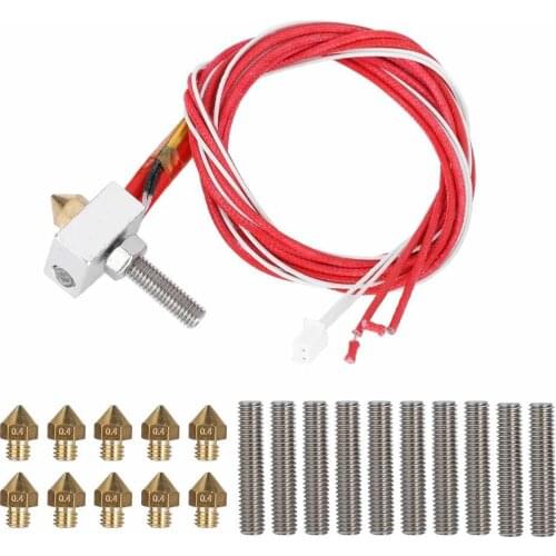 Hot End Kit 3D Printer Aluminum Extrusion Head Hotend with 10 pcs Stainless Throat + 10pcs 0.4mm Nozzle for MK8 MK7 i3 E3D Anet