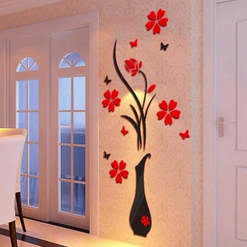 Piecing Art Wall 3D Sticker Kit Vase Flower Butterfly Sticker Piece Sheets Crystal Mirror Wall Stickers Self Adhesive decal