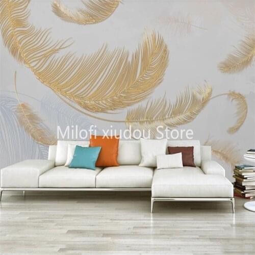 Custom 3D Mural Wallpaper Feather Nordic Style Light Luxury Golden Embossed Lines Background Wall Decorative Painting Wallpaper