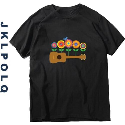 JKLPOLQ Summer T-Shirt For Men Women Ukulele Flowers Printing Short Sleeve Casual Tops Oversize Tees EU Size XS-3XL