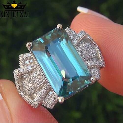 Boho Female Ocean Blue Zircon Stone Ring Cute Luxury 925 Silver Love Wedding Jewelry Promise Engagement Rings For Women