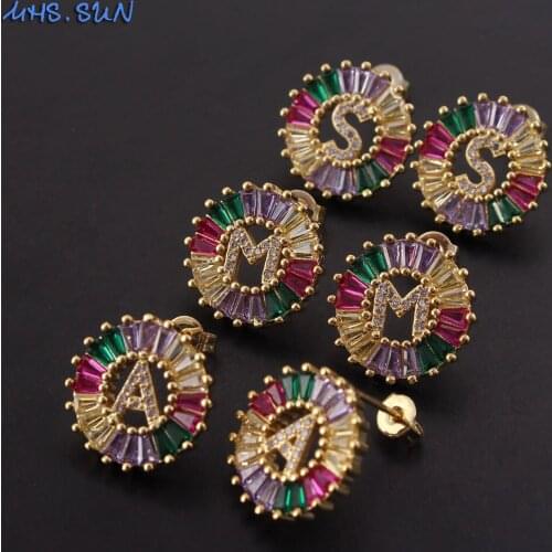 MHS.SUN Alphabet Jewelry Full Mosaic AAA CZ Stud Earrings Trendy A-Z Letter Women Stud Earrings Fashion Colorful Zircon Earrings