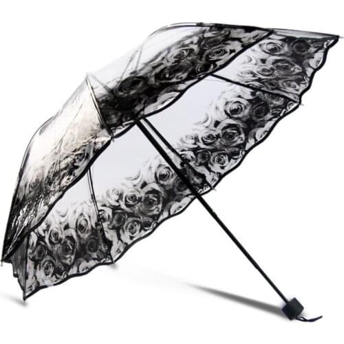 Fashion personality three folding umbrella female transparent creative printing weatherproof umbrella female umbrella