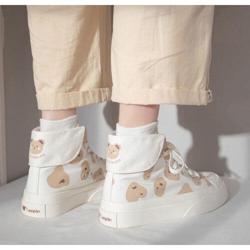2021 Kawaii Bear Print Canvas Sneakers Fashion 2021 Lolita Shoes Lovely Japanese Style Footwear Casual White Zapatillas Mujer