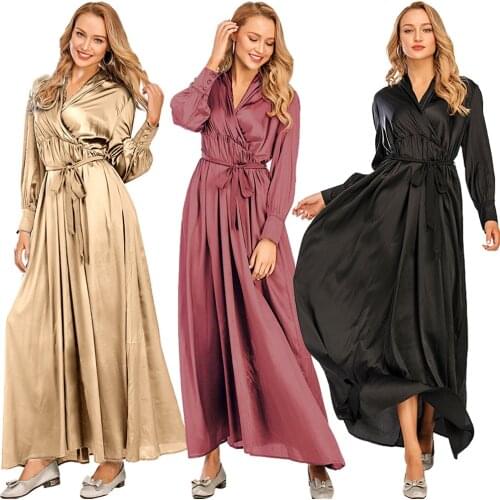 Middle East Muslim Women Long Shirt Dress Abaya Dubai Maxi Robe V-neck Islamic Clothing Ramadan Gown Turkish Casual Fashion New