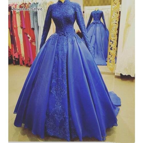 Modest Royal Blue Muslim High Neck Evening Dress Satin Middle East Winter 2021 Long Sleeve Long Party Prom Ball Gowns Vestidos