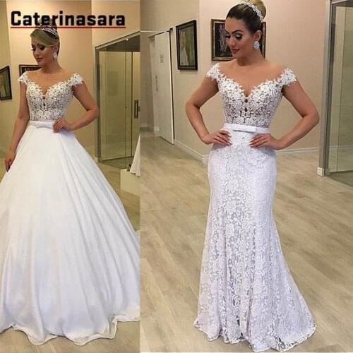 Modern Tulle & Lace Jewel Neckline Wedding Dresses With Detachable Skirt Bowknot Two Pieces Lace Bridal Dress