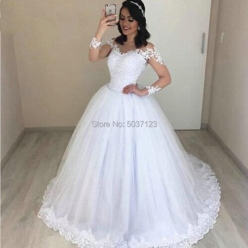 Ball Gown Wedding Dress 2019 Long Sleeve V-Neck Tulle Applique Lace Bridal Gown White Long Bride Dress Plus Size Robe De Soiree