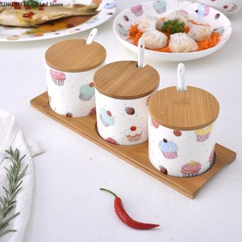Creative Ceramic Seasoning Jar Seasoning Box Three-piece Kitchen Supplies Seasoning Bottle Kitchen Supplies Cereal Dispenser