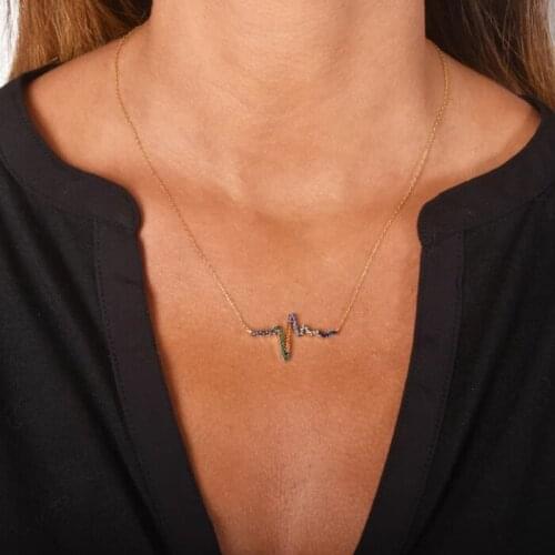 High quality gold silver color Unique Heartbeat Necklace For Women colorful cz rainbow Fun ECG Charm fashion Jewelry