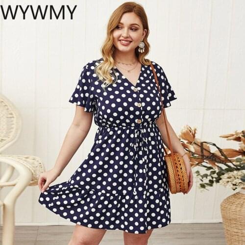 WYWMY Ladies Dot Print Ruffles Sashes A Line Dress Women Fashion Back Keyhole V Neck ShortSleeves Mini 2021 Summer Dresses