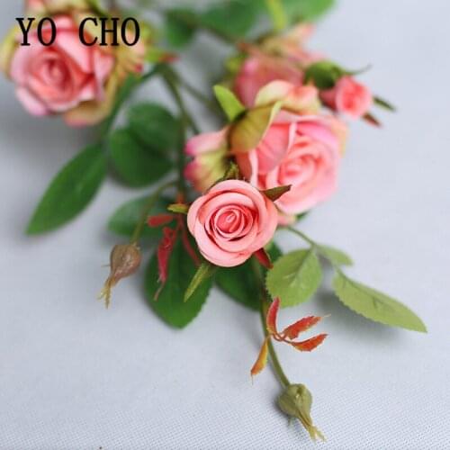 YO CHO DIY Wedding Bouquet Flower 5 Heads Silk Rose Artificial Flower Long Single Branch Fake Rose Wedding Home Festival Decor