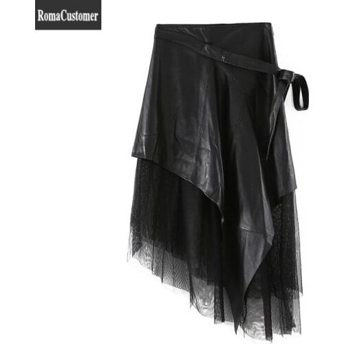 Skirt Womens 2021 Autumn New Genuine Leather Sheepskin Spliced Mesh Elegant Female High Waist Fashion Casual A-Line Skirt