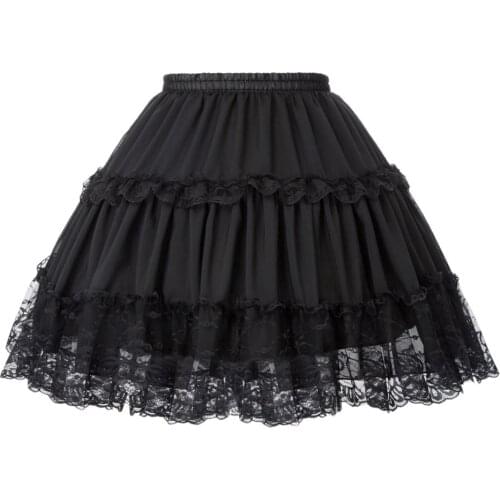 Goth Lolita Skirts Womens Crinoline Petticoat Evening Party Underskirt Vintage Elastic Waist 2-Loop Ruffles Swing Black Skirt