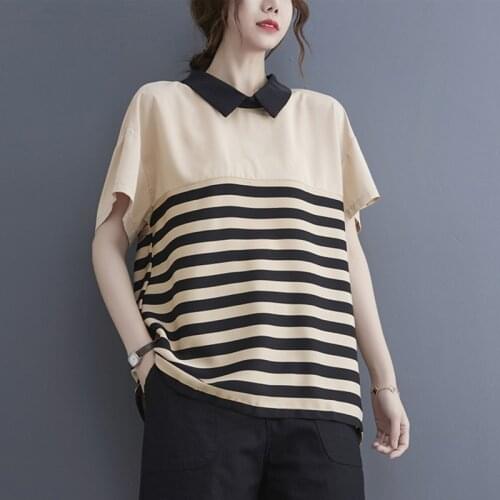 Women Summer Casual T-shirts New 2021 Simple Style Turn-down Collar Striped Loose Comfortable Female Short Sleeve Tops Tees B757