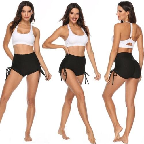 Women Solid Hot Pants Tight Stretchy Sports Cloths Fitness Elastic Side Drawstring Fit High Waist Workout Bowknot Shorts